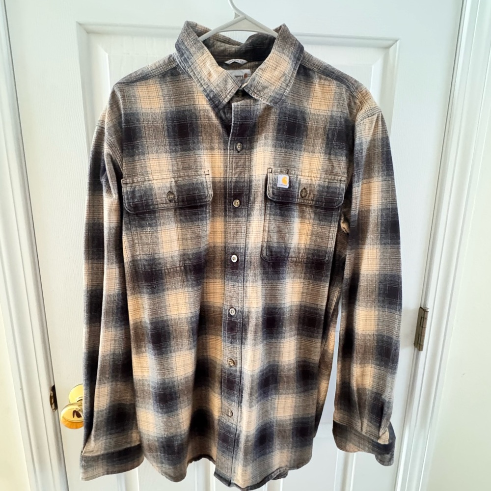 Carhartt Men’s Plaid Button-Down Shirt — Beige, Black & Cream